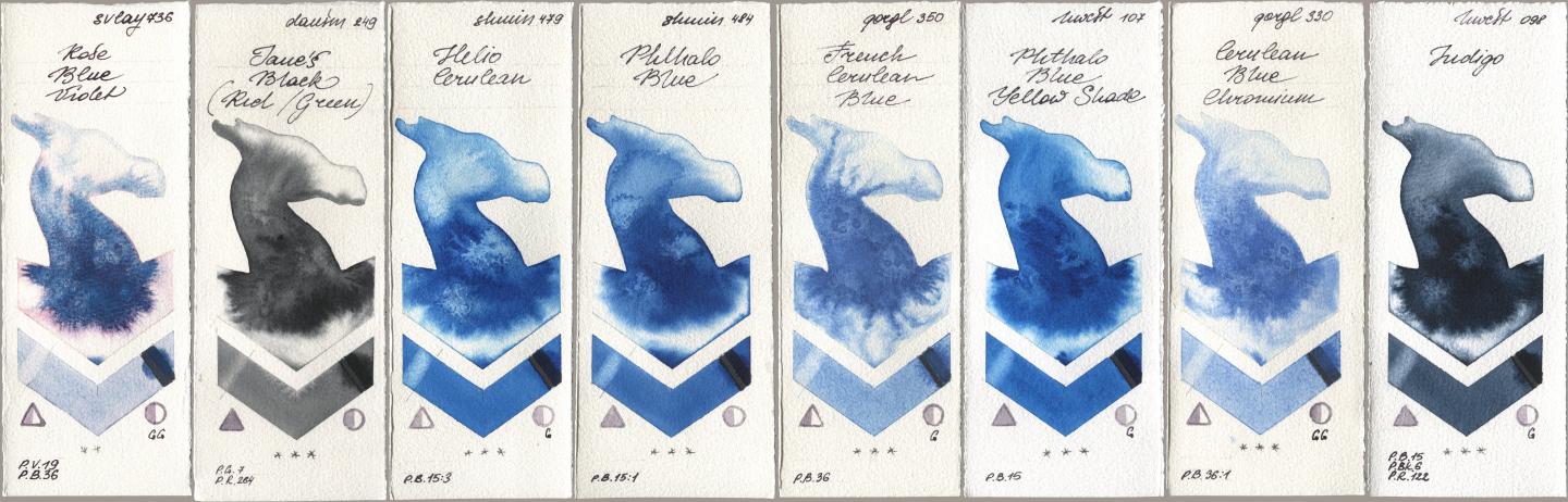 SuperVision 736 Rose Blue Violet, Daniel Smith 249 Janes Black (Red/Green), Shminke Horadam Aquarell 479 Helio Cerulean, 484 Phthalo Blue, Golden QOR 350 French Cerulean Blue, Holbein Artists Watercolor 107 Phthalo Blue Yellow Shade, 330 Cerulean Blue, Chromium, 098 Indi watercolor swatch