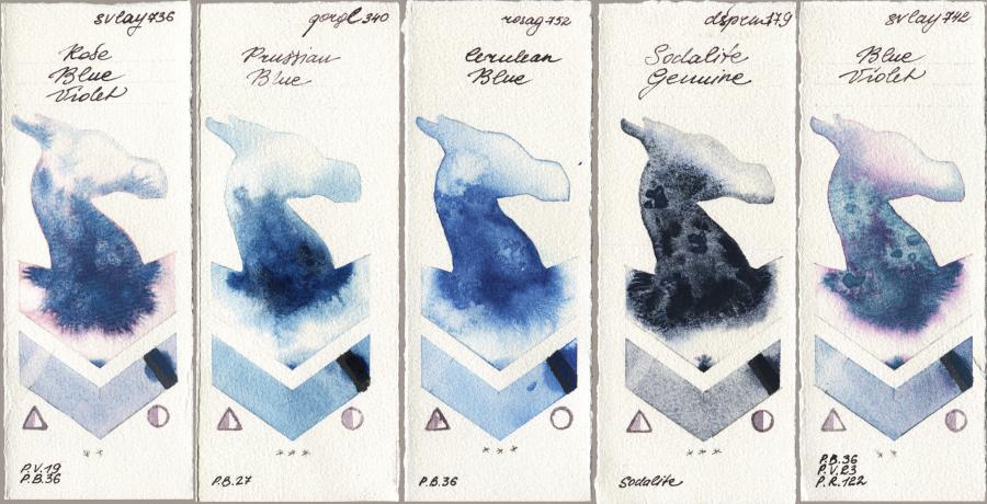 SuperVision 736 Rose Blue Violet vs Golden QOR 340 Prussian Blue vs Rosa Gallery 752 Cerulean Blue vs Daniel Smith 179 Sodalite Genuine vs 742 Blue Violet watercolor swatch