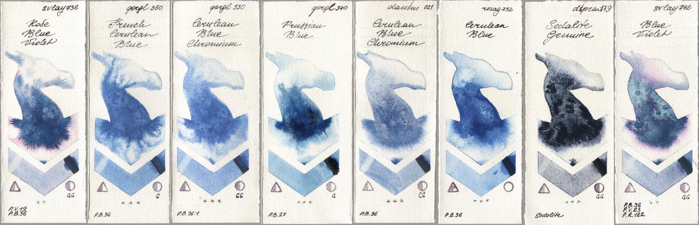 SuperVision 736 Rose Blue Violet, Golden QOR 350 French Cerulean Blue, 330 Cerulean Blue, Chromium, 340 Prussian Blue, Daniel Smith 021 Cerulean Blue Chromium, Rosa Gallery 752 Cerulean Blue, 179 Sodalite Genuine, 742 Blue Viol watercolor swatch
