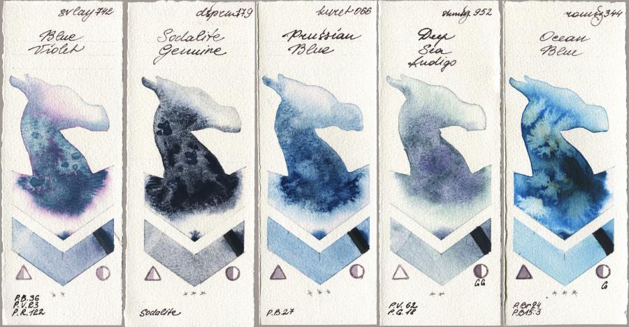 SuperVision 742 Blue Violet vs Daniel Smith 179 Sodalite Genuine vs Kuretake Gansai Tambi 066 Prussian Blue vs Shminke Horadam Aquarell 952 Deep Sea Indigo vs Roman Szmal Aquarius 344 Ocean Blue watercolor swatch