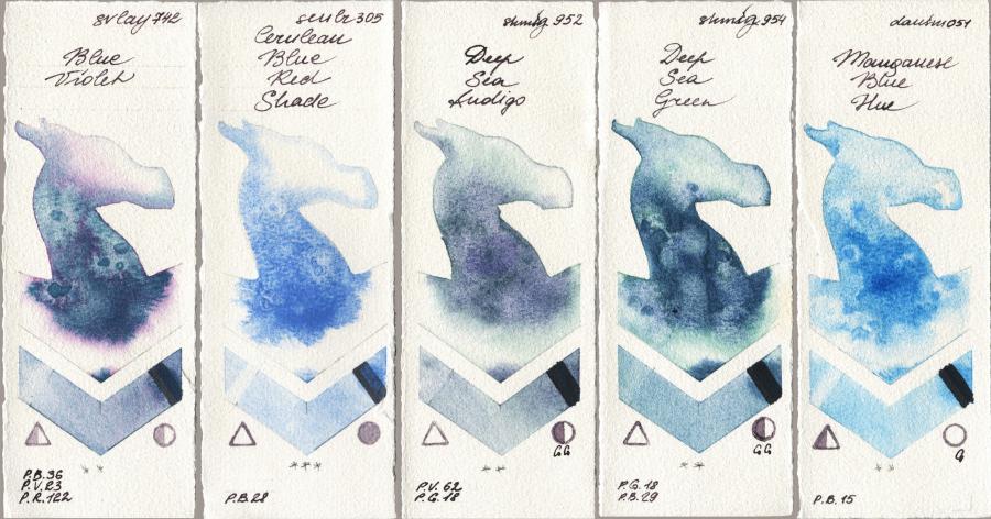 SuperVision 742 Blue Violet vs Sennelier l Aquarelle 305 Cerulean Blue Red Shade vs Shminke Horadam Aquarell 952 Deep Sea Indigo vs 954 Deep Sea Green vs Daniel Smith 051 Manganese Blue Hue watercolor swatch