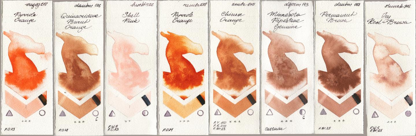Royal Talens Van Gogh Watercolour 278 Pyrrole Orange, Daniel Smith 086 Quinacridone Burnt Orange, Holbein Artists Watercolor 026 Shell Pink, Royal Talens Rembrandt Watercolour 278 Pyrrole Orange, Sennelier l Aquarelle 645 Chinese Orange, 143 Minnesota Pipestone Genuine, 068 Permanent Brown, Shminke Akademie Aquarell 916 Icy Red-Bro watercolor swatch
