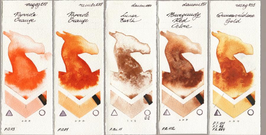 Royal Talens Van Gogh Watercolour 278 Pyrrole Orange vs Royal Talens Rembrandt Watercolour 278 Pyrrole Orange vs Daniel Smith 050 Lunar Earth vs 151 Burgundy Red Ochre vs Rosa Gallery 735 Quinacridone Gold watercolor swatch