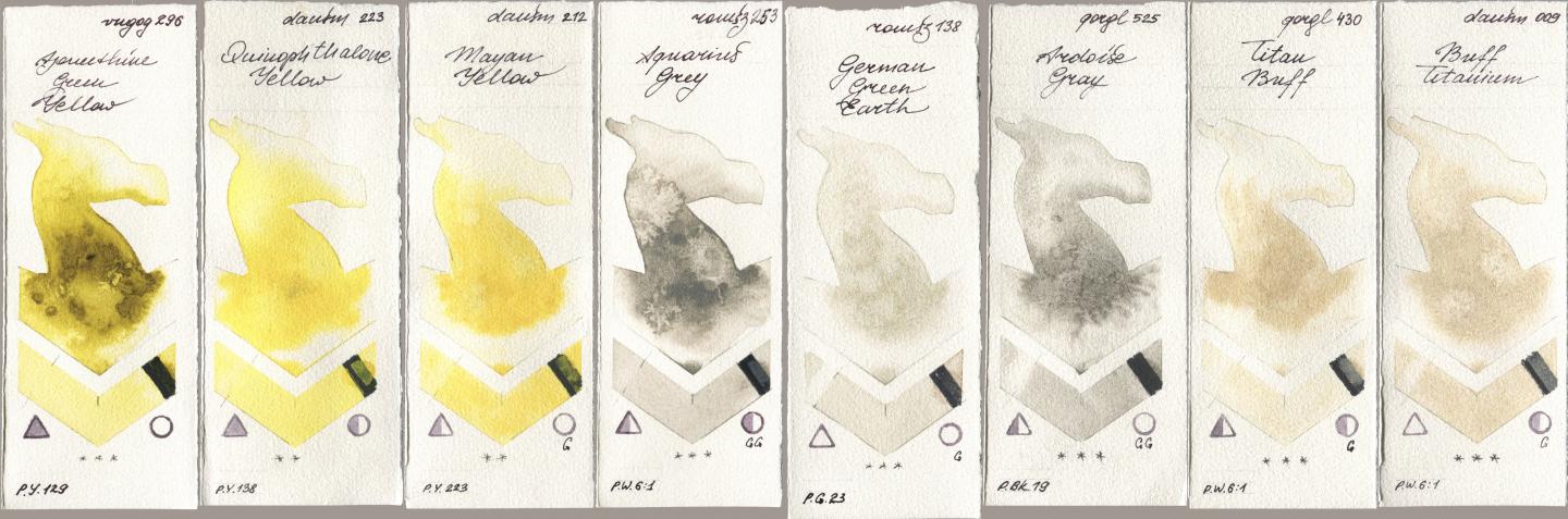 Royal Talens Van Gogh Watercolour 296 Azomethine Green Yellow, Daniel Smith 223 Quinophthalone Yellow, 212 Mayan Yellow, Roman Szmal Aquarius 253 Aquarius Grey, 138 German Green Earth, Golden QOR 525 Ardoise Gray, 430 Titan Buff, 009 Buff Titani watercolor swatch
