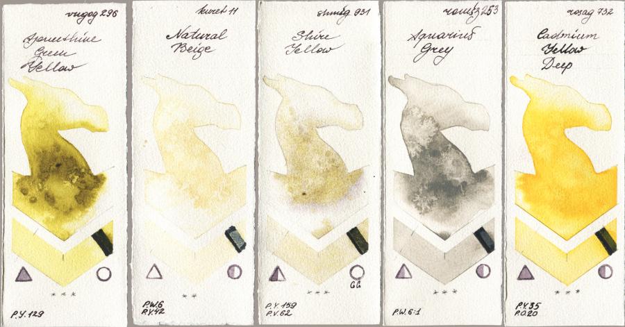 Royal Talens Van Gogh Watercolour 296 Azomethine Green Yellow vs Kuretake Gansai Tambi 011 Natural Beige vs Shminke Horadam Aquarell 931 Shire Yellow vs Roman Szmal Aquarius 253 Aquarius Grey vs Rosa Gallery 732 Cadmium Yellow Deep watercolor swatch