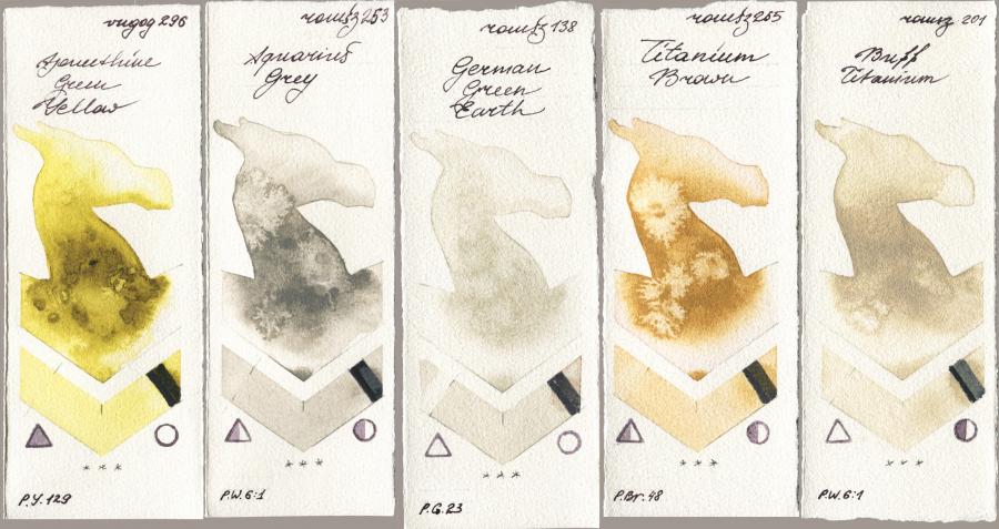 Royal Talens Van Gogh Watercolour 296 Azomethine Green Yellow vs Roman Szmal Aquarius 253 Aquarius Grey vs 138 German Green Earth vs 265 Titanium Brown vs 201 Buff Titanium watercolor swatch
