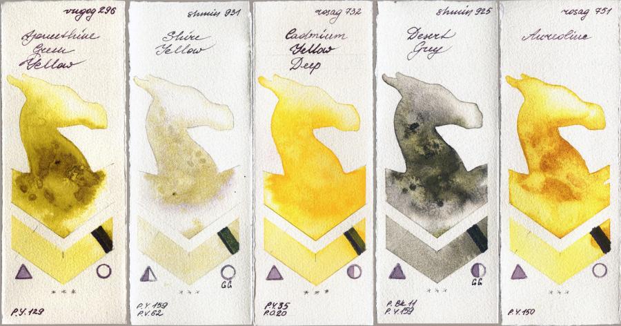 Royal Talens Van Gogh Watercolour 296 Azomethine Green Yellow vs Shminke Horadam Aquarell 931 Shire Yellow vs Rosa Gallery 732 Cadmium Yellow Deep vs 925 Desert Grey vs 751 Aureoline watercolor swatch