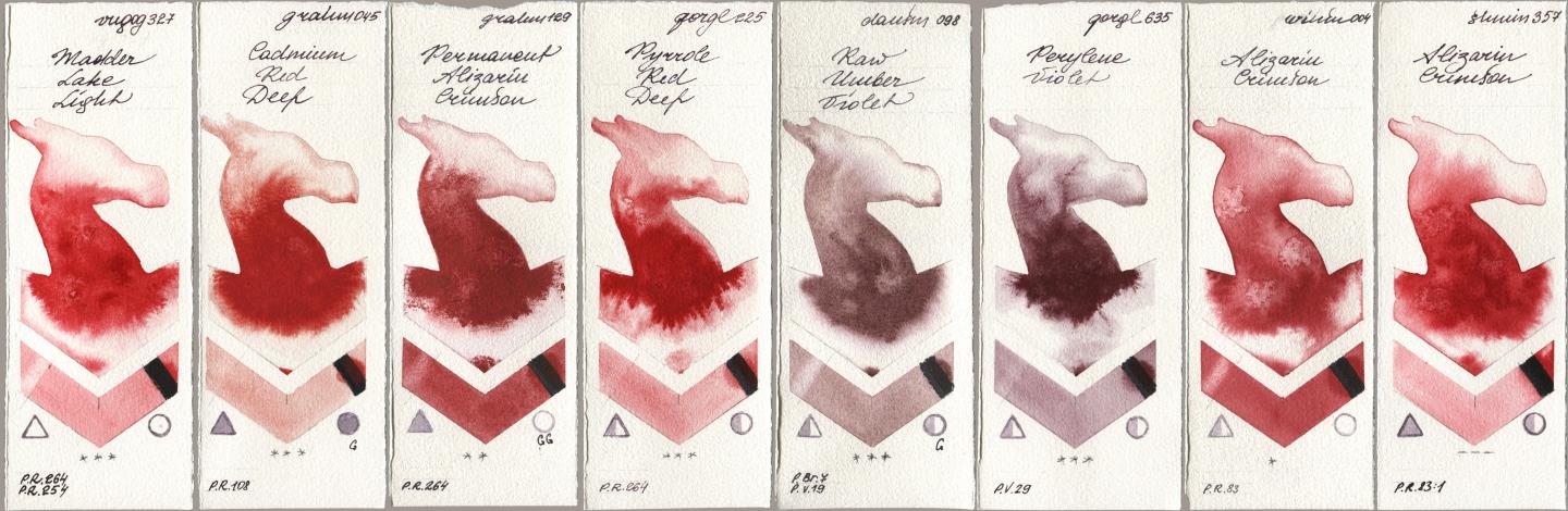Royal Talens Van Gogh Watercolour 327 Madder Lake Light, M. Graham & Co. Artists 045 Cadmium Red Deep, 129 Permanent Alizarin Crimson, Golden QOR 225 Pyrrole Red Deep, Daniel Smith 098 Raw Umber Violet, 635 Perylene Violet, Winsor & Newton Professional 004 Alizarin Crimson, Shminke Horadam Aquarell 357 Alizarin Crims watercolor swatch