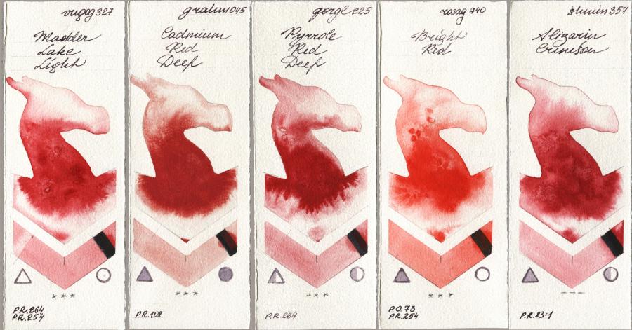 Royal Talens Van Gogh Watercolour 327 Madder Lake Light vs M. Graham & Co. Artists 045 Cadmium Red Deep vs Golden QOR 225 Pyrrole Red Deep vs Rosa Gallery 740 Bright Red vs Shminke Horadam Aquarell 357 Alizarin Crimson watercolor swatch
