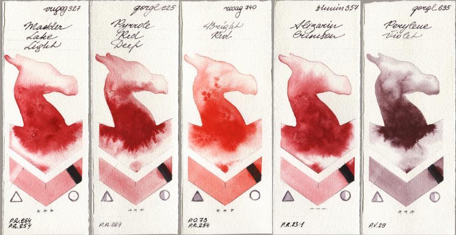 Royal Talens Van Gogh Watercolour 327 Madder Lake Light vs Golden QOR 225 Pyrrole Red Deep vs Rosa Gallery 740 Bright Red vs Shminke Horadam Aquarell 357 Alizarin Crimson vs 635 Perylene Violet watercolor swatch