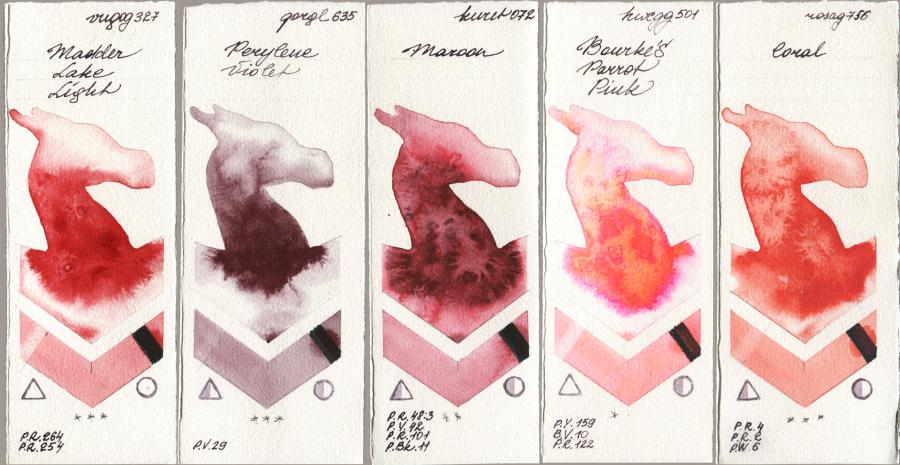 Royal Talens Van Gogh Watercolour 327 Madder Lake Light vs Golden QOR 635 Perylene Violet vs Kuretake Gansai Tambi 072 Maroon vs Holbein Artists Watercolor 501 Bourkes Parrot Pink vs Rosa Gallery 756 Coral watercolor swatch