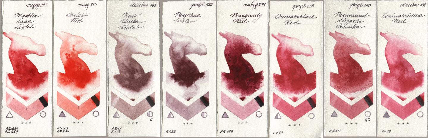 Royal Talens Van Gogh Watercolour 327 Madder Lake Light, Rosa Gallery 740 Bright Red, Daniel Smith 098 Raw Umber Violet, Golden QOR 635 Perylene Violet, 781 Burgundy Red, 235 Quinacridone Red, 240 Permanent Alizarin Crimson, 091 Quinacridone R watercolor swatch