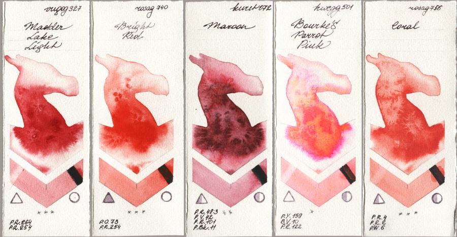 Royal Talens Van Gogh Watercolour 327 Madder Lake Light vs Rosa Gallery 740 Bright Red vs Kuretake Gansai Tambi 072 Maroon vs Holbein Artists Watercolor 501 Bourkes Parrot Pink vs 756 Coral watercolor swatch