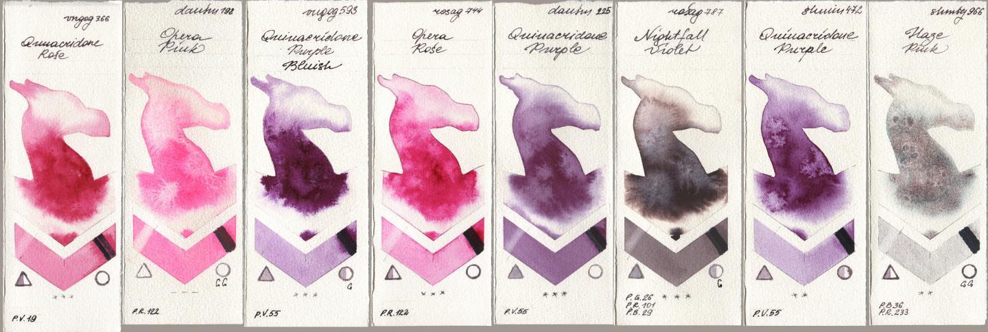 Royal Talens Van Gogh Watercolour 366 Quinacridone Rose, Daniel Smith 198 Opera Pink, 593 Quinacridone Purple Bluish, Rosa Gallery 744 Opera Rose, 225 Quinacridone Purple, 787 Nightfall Violet, Shminke Horadam Aquarell 472 Quinacridone Purple, 966 Haze Pi watercolor swatch