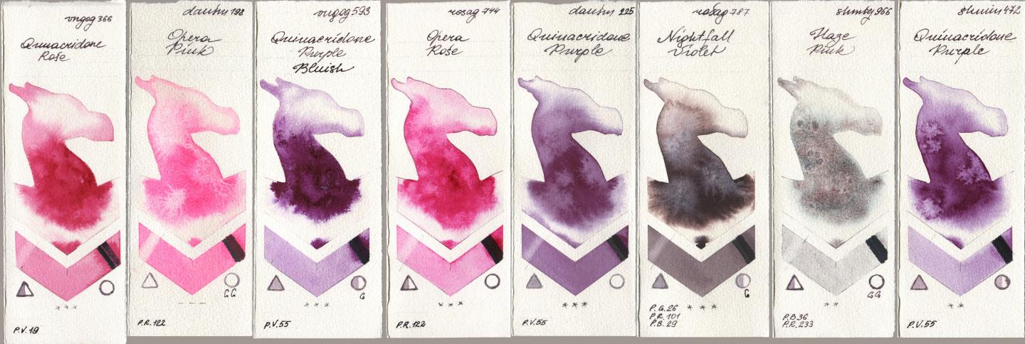 Royal Talens Van Gogh Watercolour 366 Quinacridone Rose, Daniel Smith 198 Opera Pink, 593 Quinacridone Purple Bluish, Rosa Gallery 744 Opera Rose, 225 Quinacridone Purple, 787 Nightfall Violet, Shminke Horadam Aquarell 966 Haze Pink, 472 Quinacridone Purp watercolor swatch