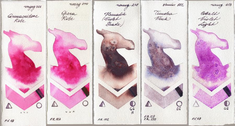 Van Gogh Watercolour 366 Quinacridone Rose vs Rosa Gallery 744 Opera Rose vs Roman Szmal Aquarius 248 Hematite (Violet Shade) vs Shminke Horadam Aquarell 982 Tundra Pink vs 403 Cobalt Violet Light watercolor swatch