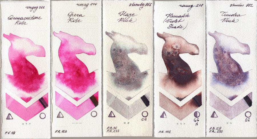 Royal Talens Van Gogh Watercolour 366 Quinacridone Rose vs Rosa Gallery 744 Opera Rose vs Shminke Horadam Aquarell 966 Haze Pink vs Roman Szmal Aquarius 248 Hematite (Violet Shade) vs 982 Tundra Pink watercolor swatch