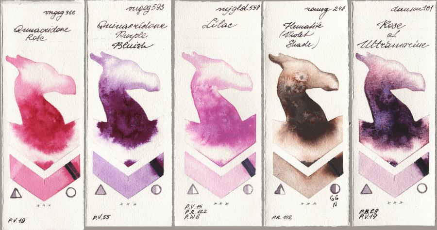 Royal Talens Van Gogh Watercolour 366 Quinacridone Rose vs 593 Quinacridone Purple Bluish vs Mijello Mission Gold 558 Lilac vs Roman Szmal Aquarius 248 Hematite (Violet Shade) vs Daniel Smith 101 Rose of Ultramarine watercolor swatch