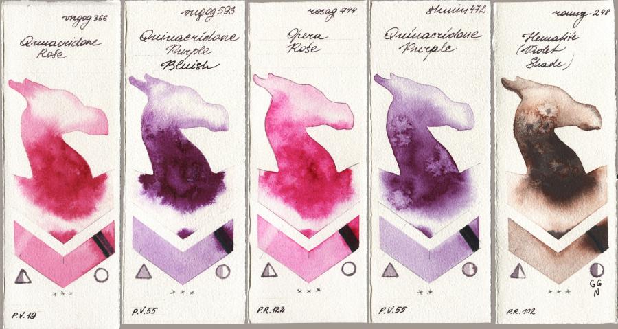Royal Talens Van Gogh Watercolour 366 Quinacridone Rose vs 593 Quinacridone Purple Bluish vs Rosa Gallery 744 Opera Rose vs Shminke Horadam Aquarell 472 Quinacridone Purple vs Roman Szmal Aquarius 248 Hematite (Violet Shade) watercolor swatch