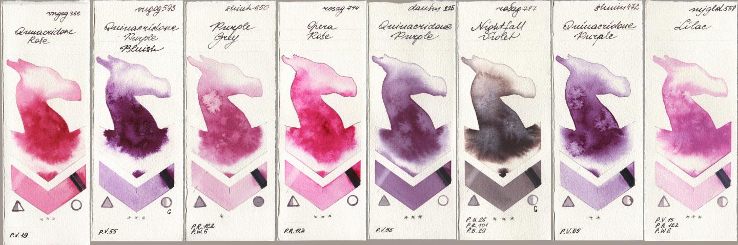 Royal Talens Van Gogh Watercolour 366 Quinacridone Rose, 593 Quinacridone Purple Bluish, Shinhan PWC 650 Purple Grey, Rosa Gallery 744 Opera Rose, Daniel Smith 225 Quinacridone Purple, 787 Nightfall Violet, Shminke Horadam Aquarell 472 Quinacridone Purple, Mijello Mission Gold 558 Lil watercolor swatch