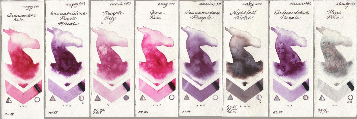 Royal Talens Van Gogh Watercolour 366 Quinacridone Rose, 593 Quinacridone Purple Bluish, Shinhan PWC 650 Purple Grey, Rosa Gallery 744 Opera Rose, Daniel Smith 225 Quinacridone Purple, 787 Nightfall Violet, Shminke Horadam Aquarell 472 Quinacridone Purple, 966 Haze Pi watercolor swatch