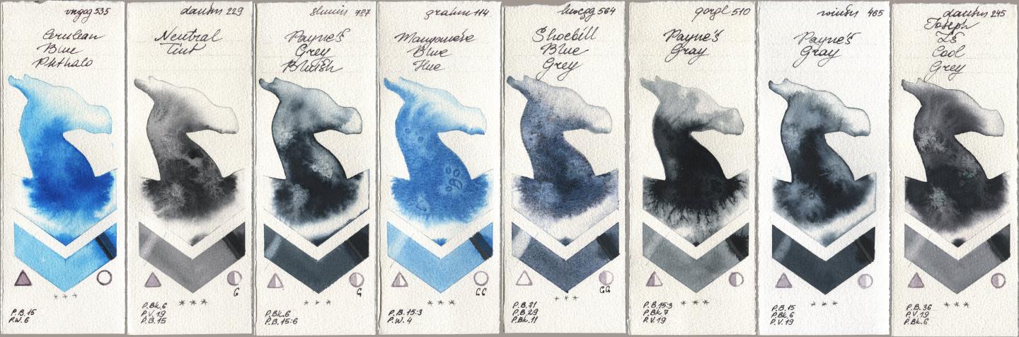 Royal Talens Van Gogh Watercolour 535 Cerulean Blue Phthalo, Daniel Smith 229 Neutral Tint, Shminke Horadam Aquarell 787 Paynes Grey Bluish, M. Graham & Co. Artists 114 Manganese Blue Hue, Holbein Artists Watercolor 564 Shoebill Blue Grey, Golden QOR 510 Paynes Gray, Winsor & Newton Professional 465 Paynes Gray, 245 Joseph Zs Cool Gr watercolor swatch