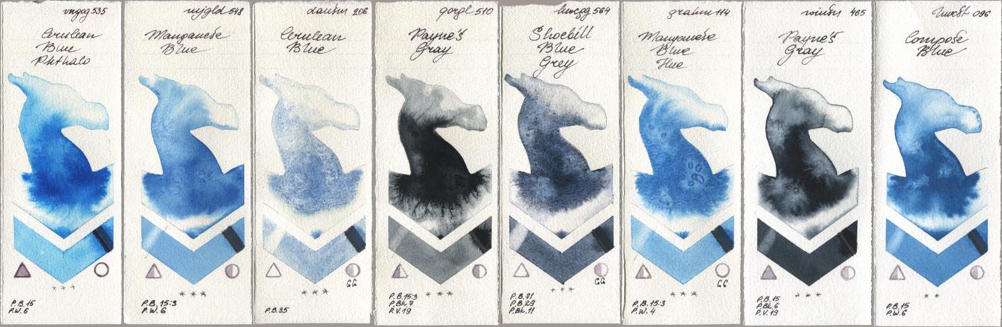 Royal Talens Van Gogh Watercolour 535 Cerulean Blue Phthalo, Mijello Mission Gold 548 Manganese Blue, Daniel Smith 206 Cerulean Blue, Golden QOR 510 Paynes Gray, Holbein Artists Watercolor 564 Shoebill Blue Grey, M. Graham & Co. Artists 114 Manganese Blue Hue, Winsor & Newton Professional 465 Paynes Gray, 096 Compose Bl watercolor swatch