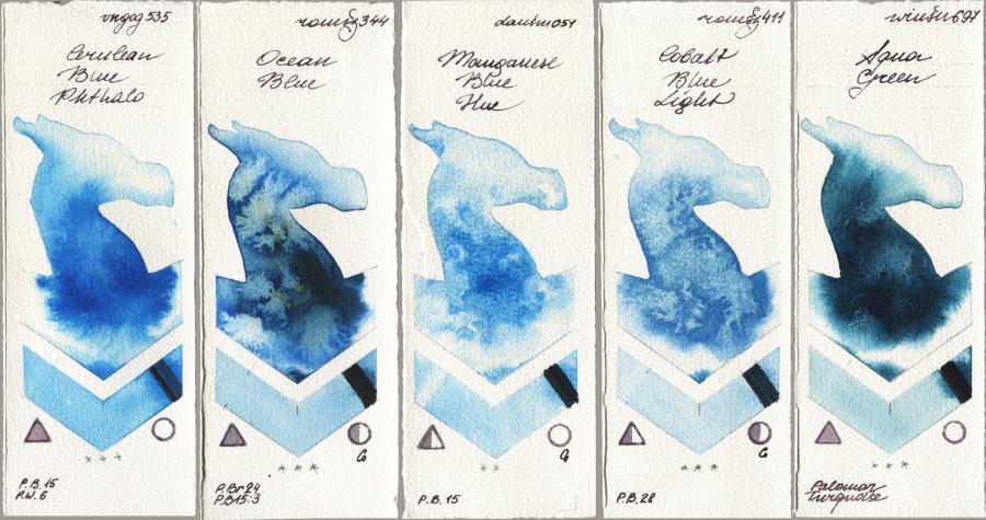 Royal Talens Van Gogh Watercolour 535 Cerulean Blue Phthalo vs Roman Szmal Aquarius 344 Ocean Blue vs Daniel Smith 051 Manganese Blue Hue vs 411 Cobalt Blue Light vs Winsor & Newton Professional 697 Aqua Green watercolor swatch