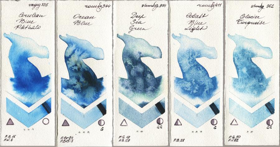 Royal Talens Van Gogh Watercolour 535 Cerulean Blue Phthalo vs Roman Szmal Aquarius 344 Ocean Blue vs Shminke Horadam Aquarell 954 Deep Sea Green vs 411 Cobalt Blue Light vs 962 Glacier Turquoise watercolor swatch