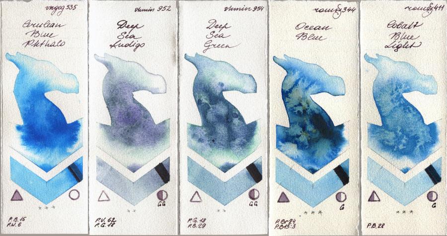 Royal Talens Van Gogh Watercolour 535 Cerulean Blue Phthalo vs Shminke Horadam Aquarell 952 Deep Sea Indigo vs 954 Deep Sea Green vs Roman Szmal Aquarius 344 Ocean Blue vs 411 Cobalt Blue Light watercolor swatch