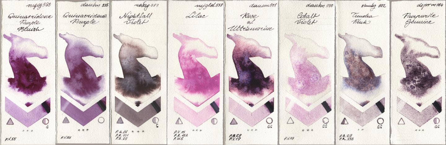 Royal Talens Van Gogh Watercolour 593 Quinacridone Purple Bluish, Daniel Smith 225 Quinacridone Purple, Rosa Gallery 787 Nightfall Violet, Mijello Mission Gold 558 Lilac, 101 Rose of Ultramarine, 030 Cobalt Violet, Shminke Horadam Aquarell 982 Tundra Pink, 164 Purpurite Genui watercolor swatch