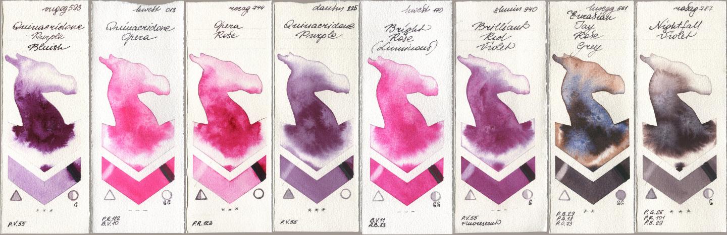 Royal Talens Van Gogh Watercolour 593 Quinacridone Purple Bluish, Holbein Artists Watercolor 013 Opera (Quinacridone Opera), Rosa Gallery 744 Opera Rose, Daniel Smith 225 Quinacridone Purple, 170 Bright Rose (Luminous), Shminke Horadam Aquarell 940 Brilliant Red Violet, 561 Eurasian Jay Rose Grey, 787 Nightfall Viol watercolor swatch