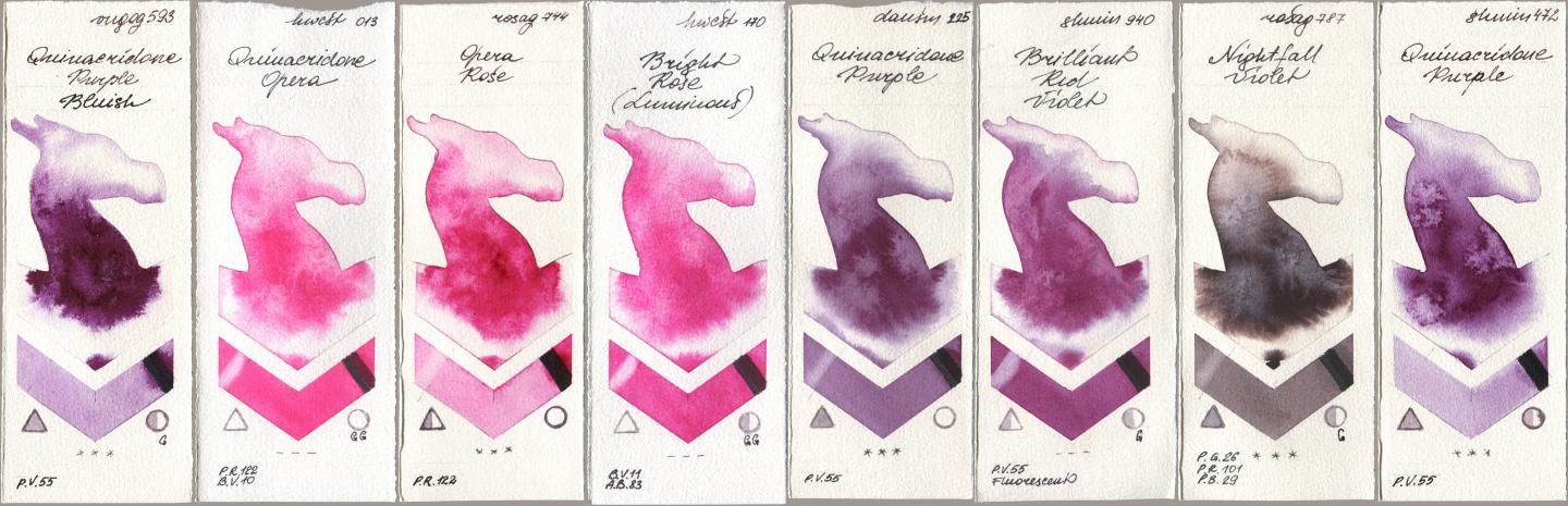 Royal Talens Van Gogh Watercolour 593 Quinacridone Purple Bluish, Holbein Artists Watercolor 013 Opera (Quinacridone Opera), Rosa Gallery 744 Opera Rose, 170 Bright Rose (Luminous), Daniel Smith 225 Quinacridone Purple, Shminke Horadam Aquarell 940 Brilliant Red Violet, 787 Nightfall Violet, 472 Quinacridone Purp watercolor swatch