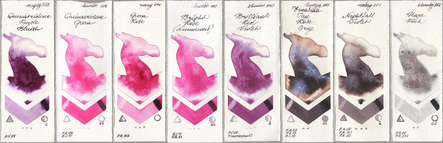 Royal Talens Van Gogh Watercolour 593 Quinacridone Purple Bluish, Holbein Artists Watercolor 013 Opera (Quinacridone Opera), Rosa Gallery 744 Opera Rose, 170 Bright Rose (Luminous), Shminke Horadam Aquarell 940 Brilliant Red Violet, 561 Eurasian Jay Rose Grey, 787 Nightfall Violet, 966 Haze Pi watercolor swatch