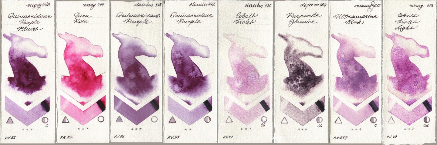 Royal Talens Van Gogh Watercolour 593 Quinacridone Purple Bluish, Rosa Gallery 744 Opera Rose, Daniel Smith 225 Quinacridone Purple, Shminke Horadam Aquarell 472 Quinacridone Purple, 030 Cobalt Violet, 164 Purpurite Genuine, Roman Szmal Aquarius 215 Ultramarine Pink, 403 Cobalt Violet Lig watercolor swatch