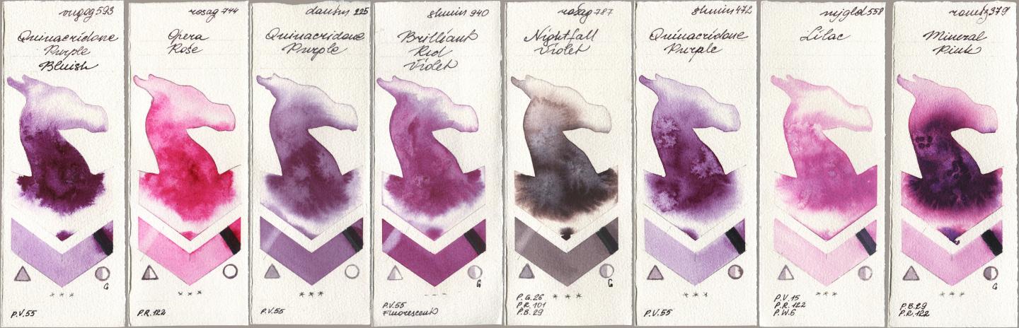Royal Talens Van Gogh Watercolour 593 Quinacridone Purple Bluish, Rosa Gallery 744 Opera Rose, Daniel Smith 225 Quinacridone Purple, Shminke Horadam Aquarell 940 Brilliant Red Violet, 787 Nightfall Violet, 472 Quinacridone Purple, Mijello Mission Gold 558 Lilac, Roman Szmal Aquarius 379 Mineral Pi watercolor swatch