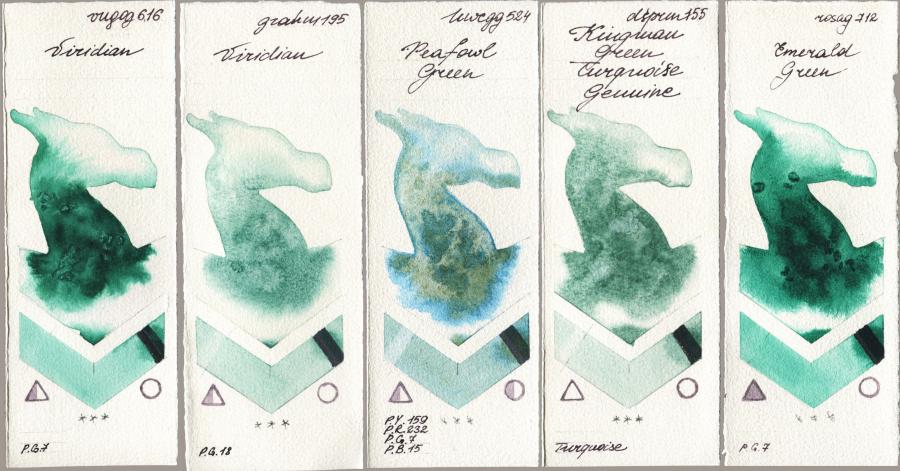 Royal Talens Van Gogh Watercolour 616 Viridian vs M. Graham & Co. Artists 195 Viridian vs Holbein Artists Watercolor 524 Peafowl Green vs Daniel Smith 155 Kingman Green Turquoise Genuine vs Rosa Gallery 712 Emerald Green watercolor swatch