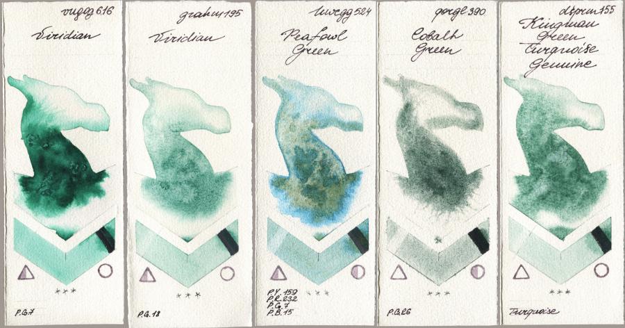 Royal Talens Van Gogh Watercolour 616 Viridian vs M. Graham & Co. Artists 195 Viridian vs Holbein Artists Watercolor 524 Peafowl Green vs Golden QOR 390 Cobalt Green vs Daniel Smith 155 Kingman Green Turquoise Genuine watercolor swatch