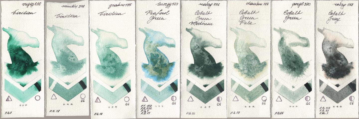 Royal Talens Van Gogh Watercolour 616 Viridian, Maimeri Blu 348 Viridian, M. Graham & Co. Artists 195 Viridian, Holbein Artists Watercolor 524 Peafowl Green, Rosa Gallery 776 Cobalt Green Medium, Daniel Smith 027 Cobalt Green Pale, Golden QOR 390 Cobalt Green, 768 Cobalt Gr watercolor swatch