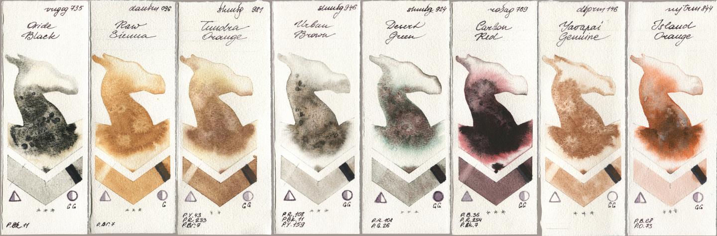 Royal Talens Van Gogh Watercolour 735 Oxide Black, Daniel Smith 096 Raw Sienna, Shminke Horadam Aquarell 981 Tundra Orange, 946 Urban Brown, 924 Desert Green, Rosa Gallery 769 Carbon Red, 146 Yavapai Genuine, Mijello Mission Gold 844 Island Oran watercolor swatch