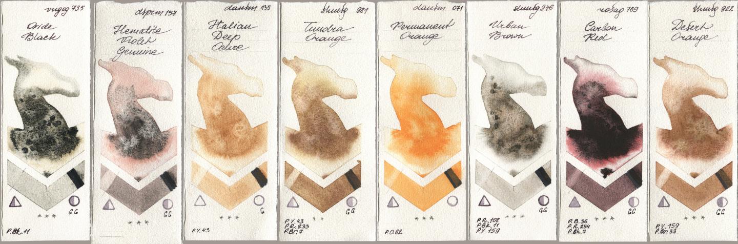 Royal Talens Van Gogh Watercolour 735 Oxide Black, Daniel Smith 157 Hematite Violet Genuine, 135 Italian Deep Ochre, Shminke Horadam Aquarell 981 Tundra Orange, 071 Permanent Orange, 946 Urban Brown, Rosa Gallery 769 Carbon Red, 922 Desert Oran watercolor swatch
