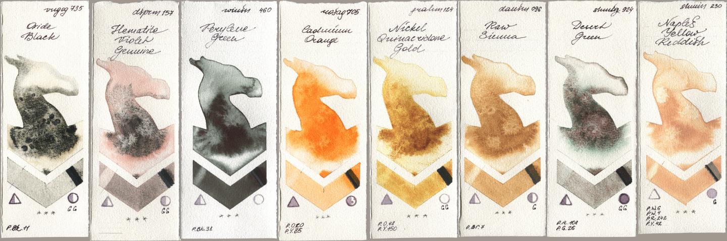 Royal Talens Van Gogh Watercolour 735 Oxide Black, Daniel Smith 157 Hematite Violet Genuine, Winsor & Newton Professional 460 Perylene Green, Rosa Gallery 705 Cadmium Orange, M. Graham & Co. Artists 124 Nickel Quinacridone Gold, 096 Raw Sienna, Shminke Horadam Aquarell 924 Desert Green, 230 Naples Yellow Reddi watercolor swatch