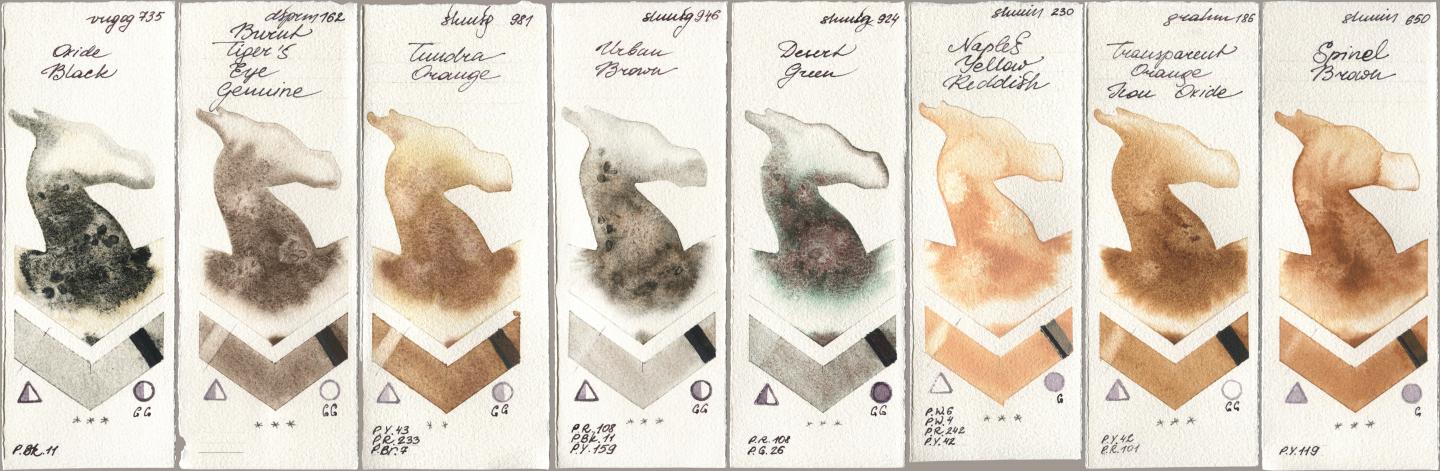 Royal Talens Van Gogh Watercolour 735 Oxide Black, Daniel Smith 162 Burnt Tigers Eye Genuine, Shminke Horadam Aquarell 981 Tundra Orange, 946 Urban Brown, 924 Desert Green, 230 Naples Yellow Reddish, M. Graham & Co. Artists 186 Transparent Orange Iron Oxide, 650 Spinel Bro watercolor swatch