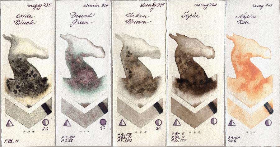 Royal Talens Van Gogh Watercolour 735 Oxide Black vs Shminke Horadam Aquarell 924 Desert Green vs 946 Urban Brown vs Rosa Gallery 720 Sepia vs 748 Naples Rose watercolor swatch