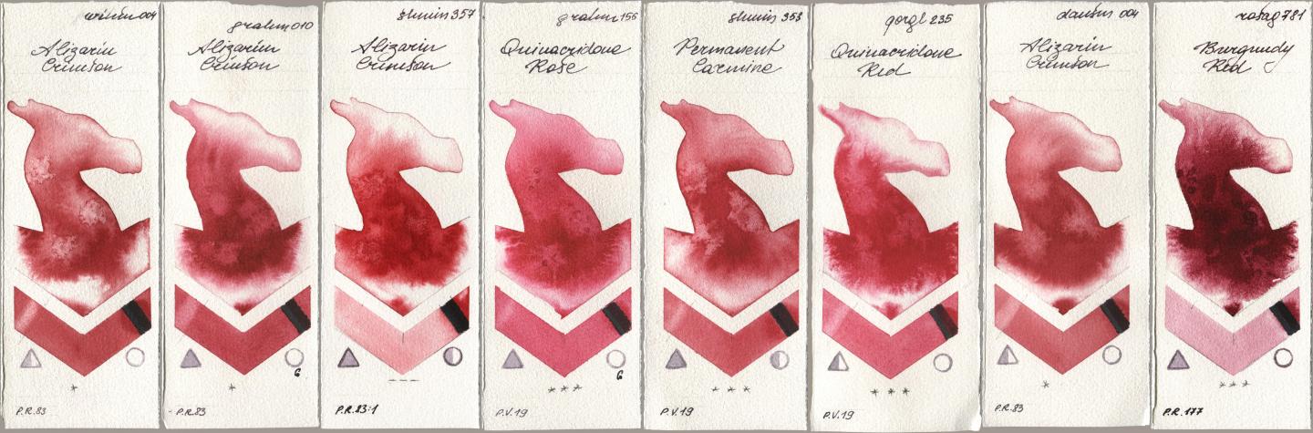 Winsor & Newton Professional 004 Alizarin Crimson, M. Graham & Co. Artists 010 Alizarin Crimson, Shminke Horadam Aquarell 357 Alizarin Crimson, 156 Quinacridone Rose, 353 Permanent Carmine, Golden QOR 235 Quinacridone Red, Daniel Smith 004 Alizarin Crimson, Rosa Gallery 781 Burgundy R watercolor swatch