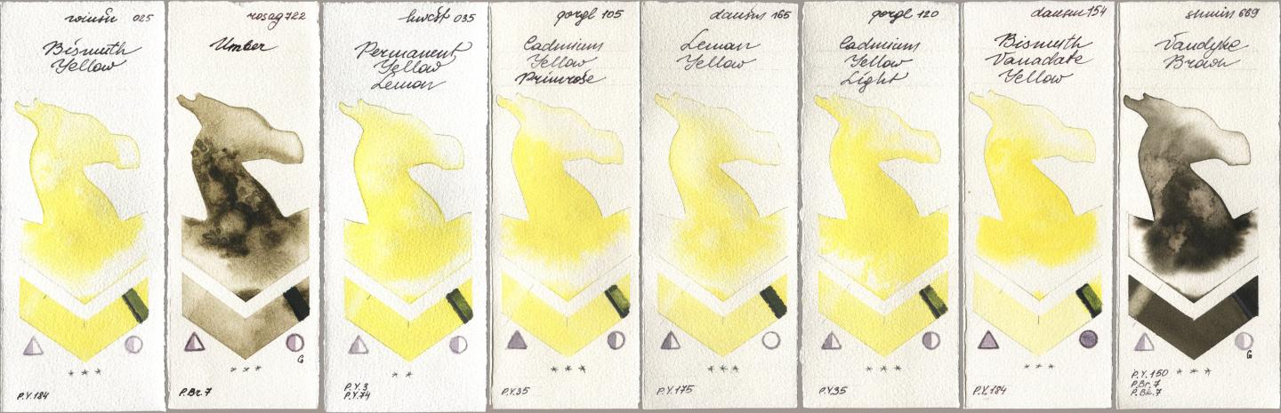 Winsor & Newton Professional 025 Bismuth Yellow, Rosa Gallery 722 Umber, Holbein Artists Watercolor 035 Permanent Yellow Lemon, Golden QOR 105 Cadmium Yellow Primrose, Daniel Smith 165 Lemon Yellow, 120 Cadmium Yellow Light, 154 Bismuth Vanadate Yellow, Shminke Horadam Aquarell 669 Vandyke Bro watercolor swatch