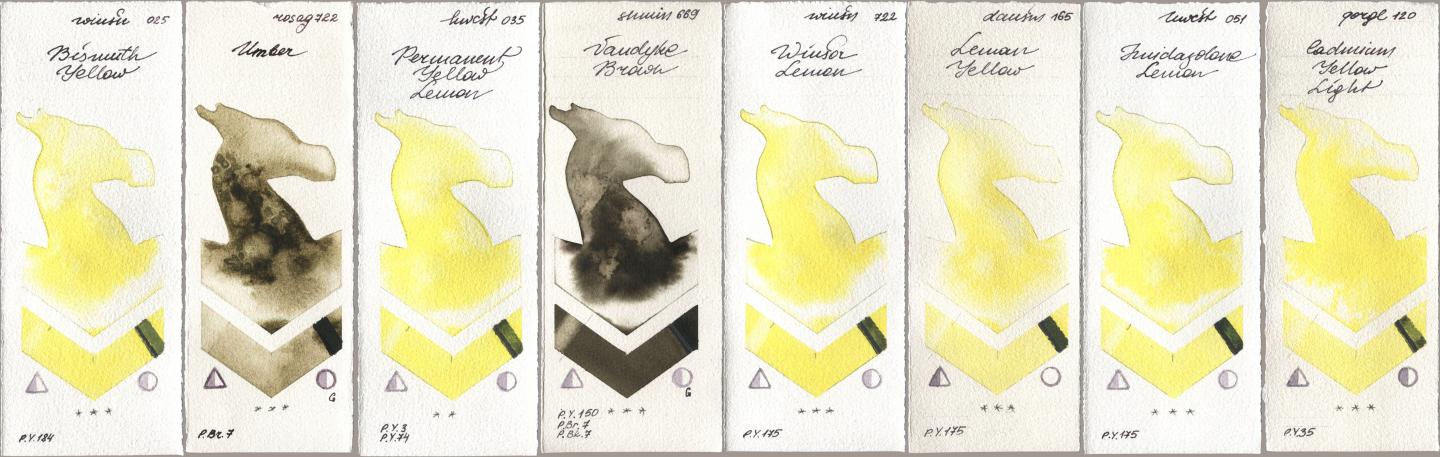 Winsor & Newton Professional 025 Bismuth Yellow, Rosa Gallery 722 Umber, Holbein Artists Watercolor 035 Permanent Yellow Lemon, Shminke Horadam Aquarell 669 Vandyke Brown, 722 Winsor Lemon, Daniel Smith 165 Lemon Yellow, 051 Imidazolone Lemon, Golden QOR 120 Cadmium Yellow Lig watercolor swatch