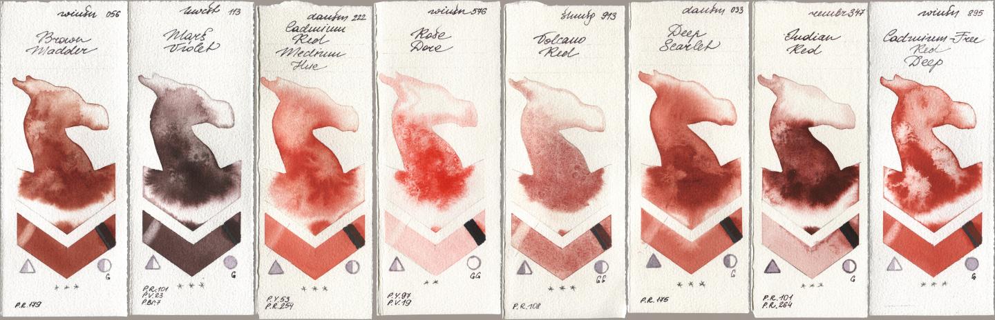 Winsor & Newton Professional 056 Brown Madder, Holbein Artists Watercolor 113 Mars Violet, Daniel Smith 222 Cadmium Red Medium Hue, 576 Rose Dore, Shminke Horadam Aquarell 913 Volcano Red, 033 Deep Scarlet, Royal Talens Rembrandt Watercolour 347 Indian Red, 895 Cadmium-Free Red De watercolor swatch