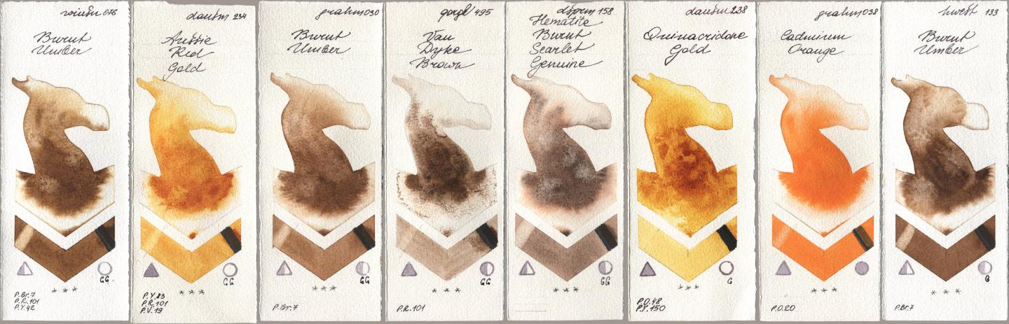 Winsor & Newton Professional 076 Burnt Umber, Daniel Smith 234 Aussie Red Gold, M. Graham & Co. Artists 030 Burnt Umber, Golden QOR 495 Van Dyke Brown, 158 Hematite Burnt Scarlet Genuine, 238 Quinacridone Gold, 038 Cadmium Orange, Holbein Artists Watercolor 133 Burnt Umb watercolor swatch