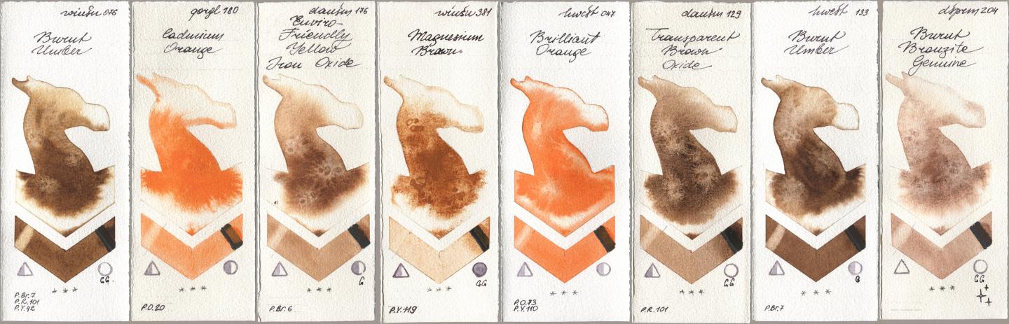 Winsor & Newton Professional 076 Burnt Umber, Golden QOR 180 Cadmium Orange, Daniel Smith 176 Enviro-Friendly Yellow Iron Oxide, 381 Magnesuim Brown, Holbein Artists Watercolor 047 Brilliant Orange, 129 Transparent Brown Oxide, 133 Burnt Umber, 204 Burnt Bronzite Genui watercolor swatch